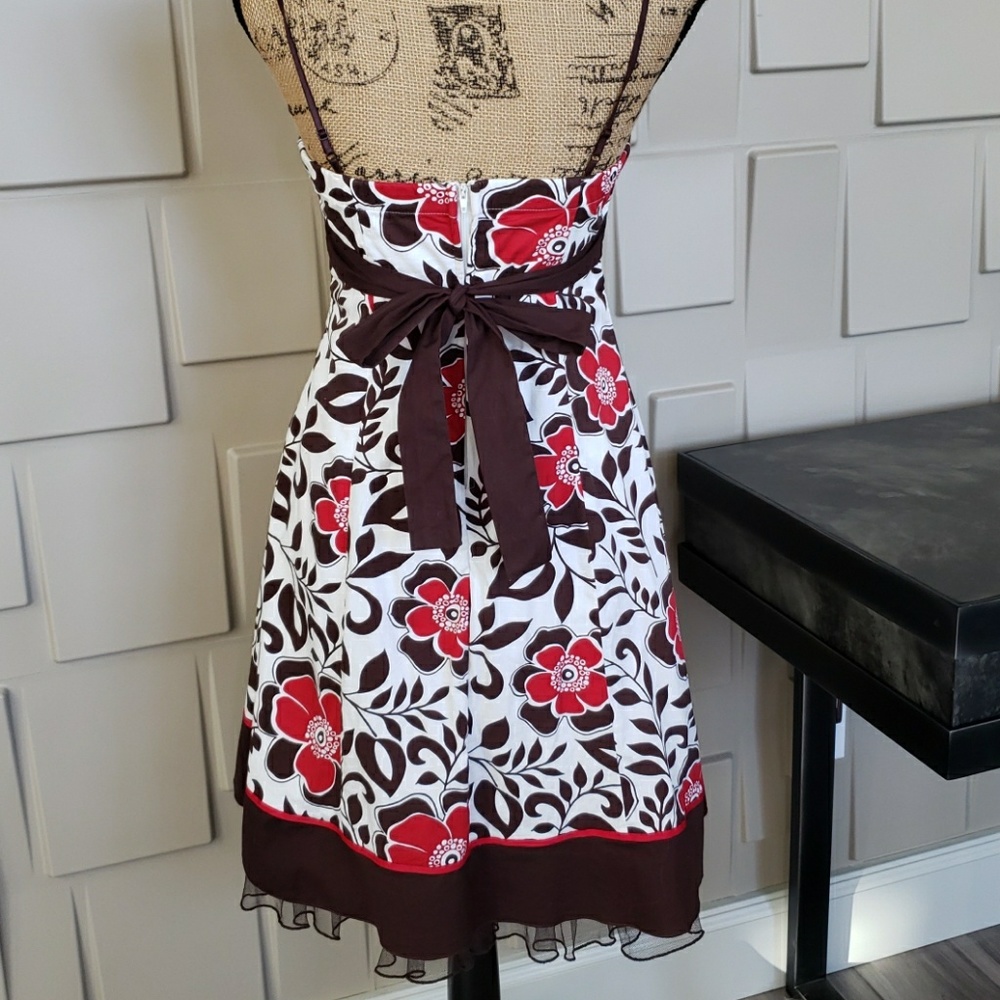 Ruby Rox dress sundress brown white red floral spaghetti strap full skirt Size 9 - Picture 4 of 4